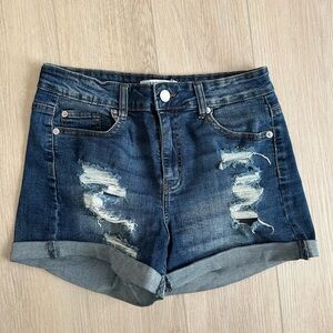 Streetwear Society Dark Blue Distressed Rolled Hem Jean Shorts